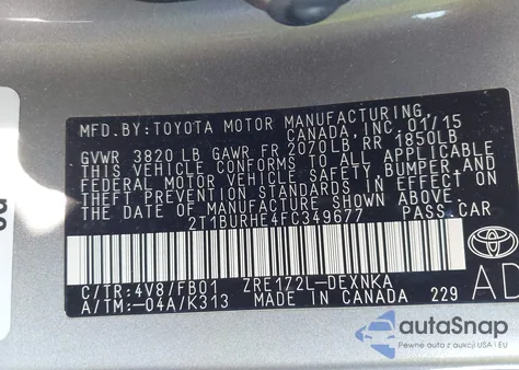 2015 Toyota Corolla Le from USA, damaged, VIN 2T1BURHE4FC349677